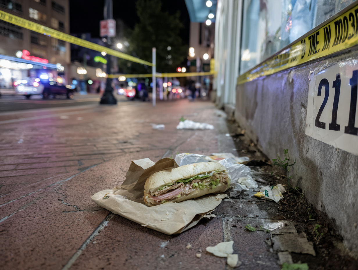 A broken sub sandwich sits on the ground in Washington, D.C.